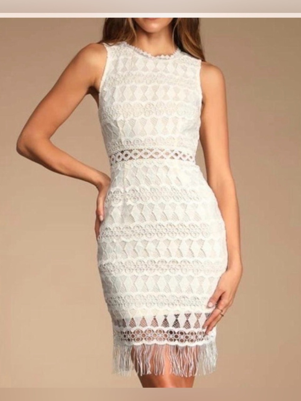 Lulus White Lace Crochet Fringe Dress Small Boho Bridal Shower Beach Bodycon - Picture 2 of 6